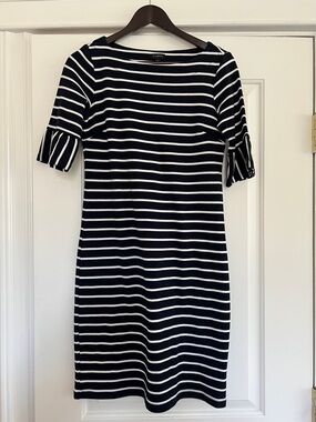 Talbots Navy and White Striped Midi Dress with Ruffle Elbow Sleeves